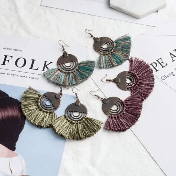 2/$21 Ladies Teal Aztec Dangle Tassel Earrings - Picture 4 of 6